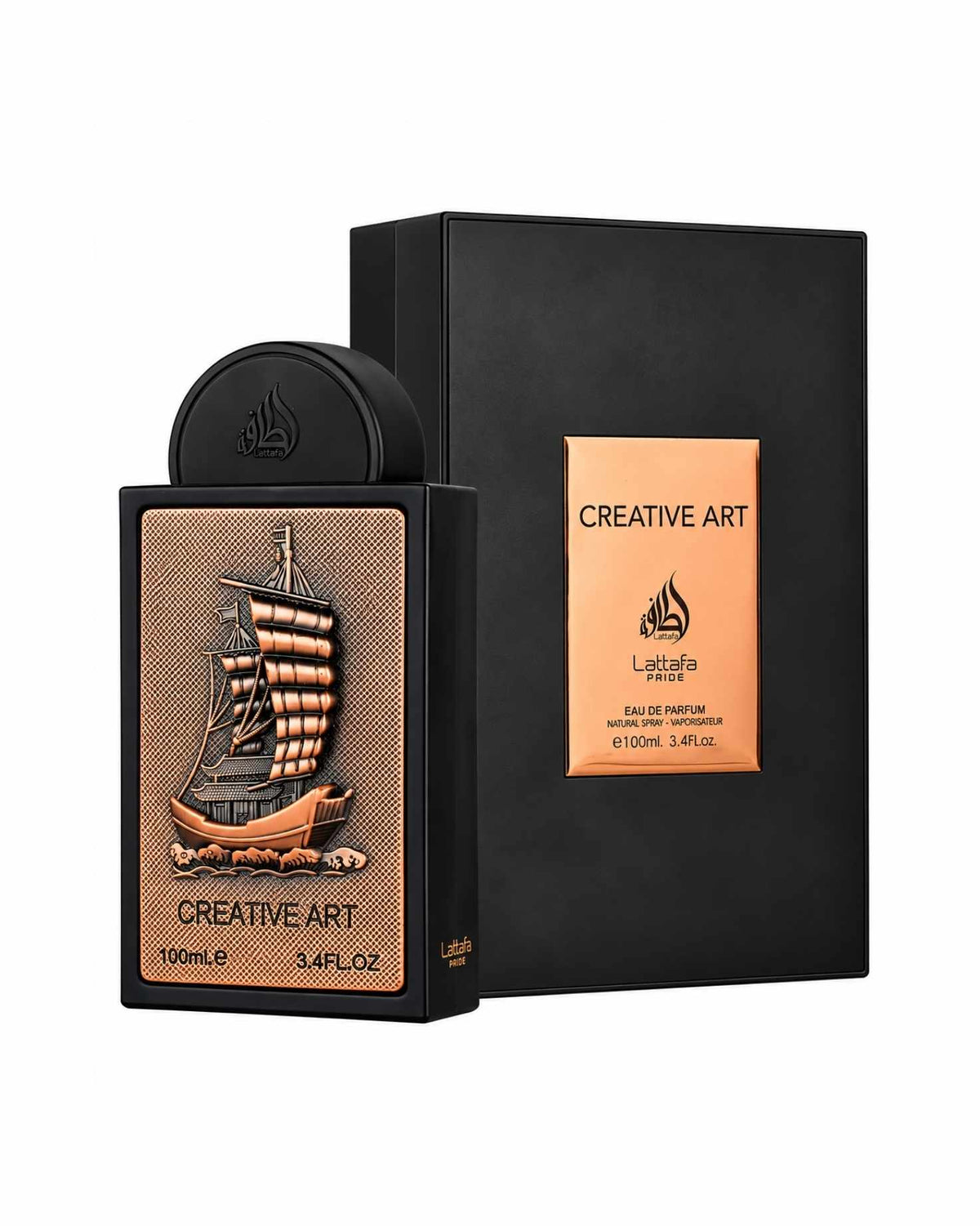 Lattafa Pride Creative Art Eau de Parfum matte black bottle with metallic ship motif presented next to its matching black and bronze packaging box.