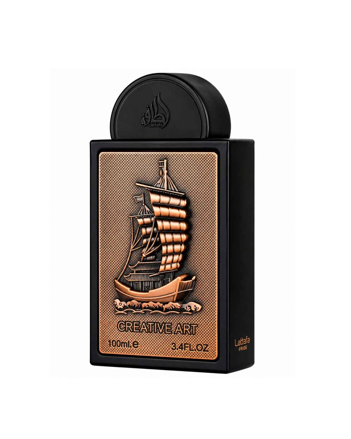 Lattafa Pride Creative Art Eau de Parfum matte black bottle featuring a metallic bronze front plate with a textured relief of a sailing ship.