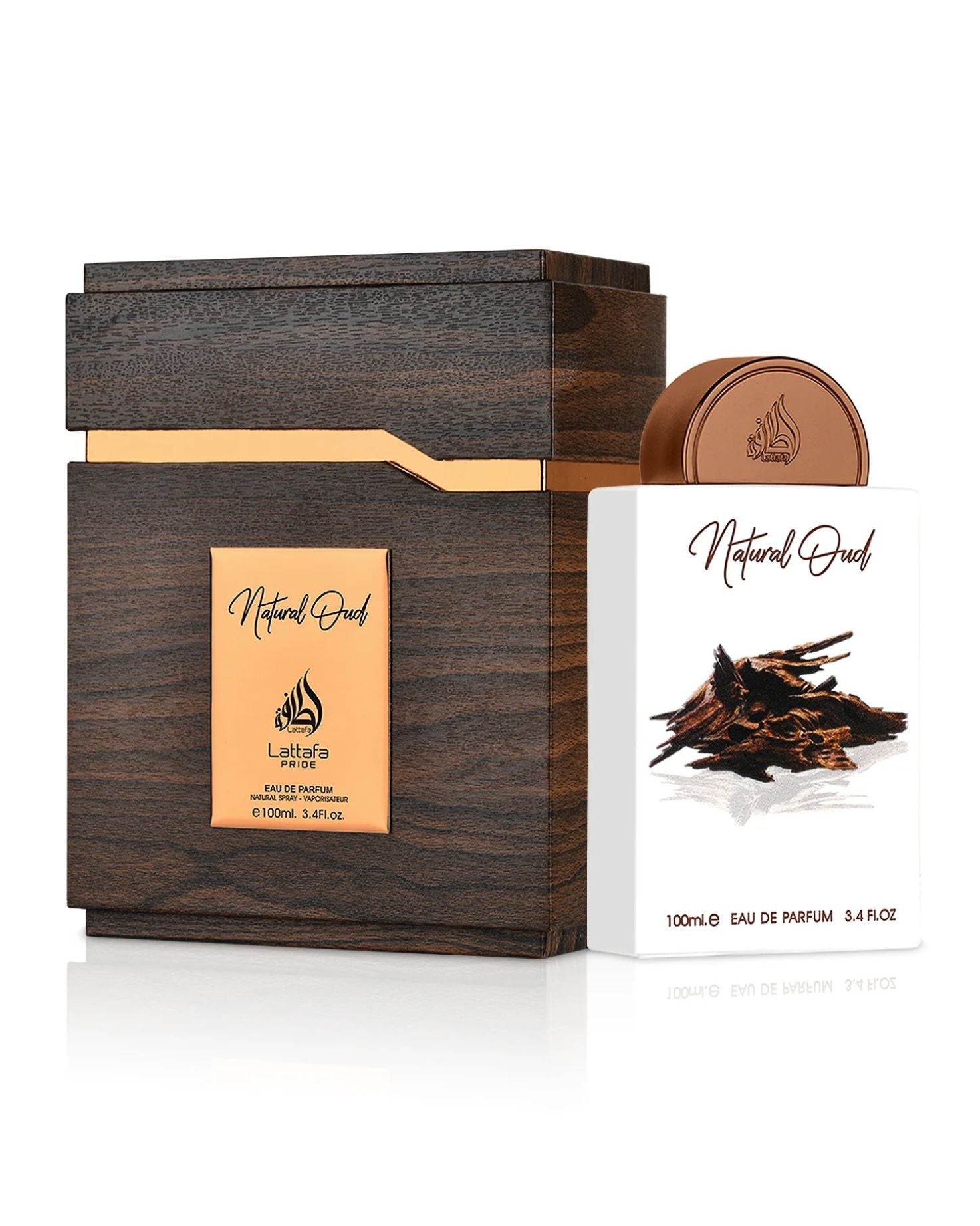 Lattafa Pride Natural Oud 100ml Eau de Parfum bottle and luxury dark wood-grain display box with bronze accents and agarwood chip illustration.