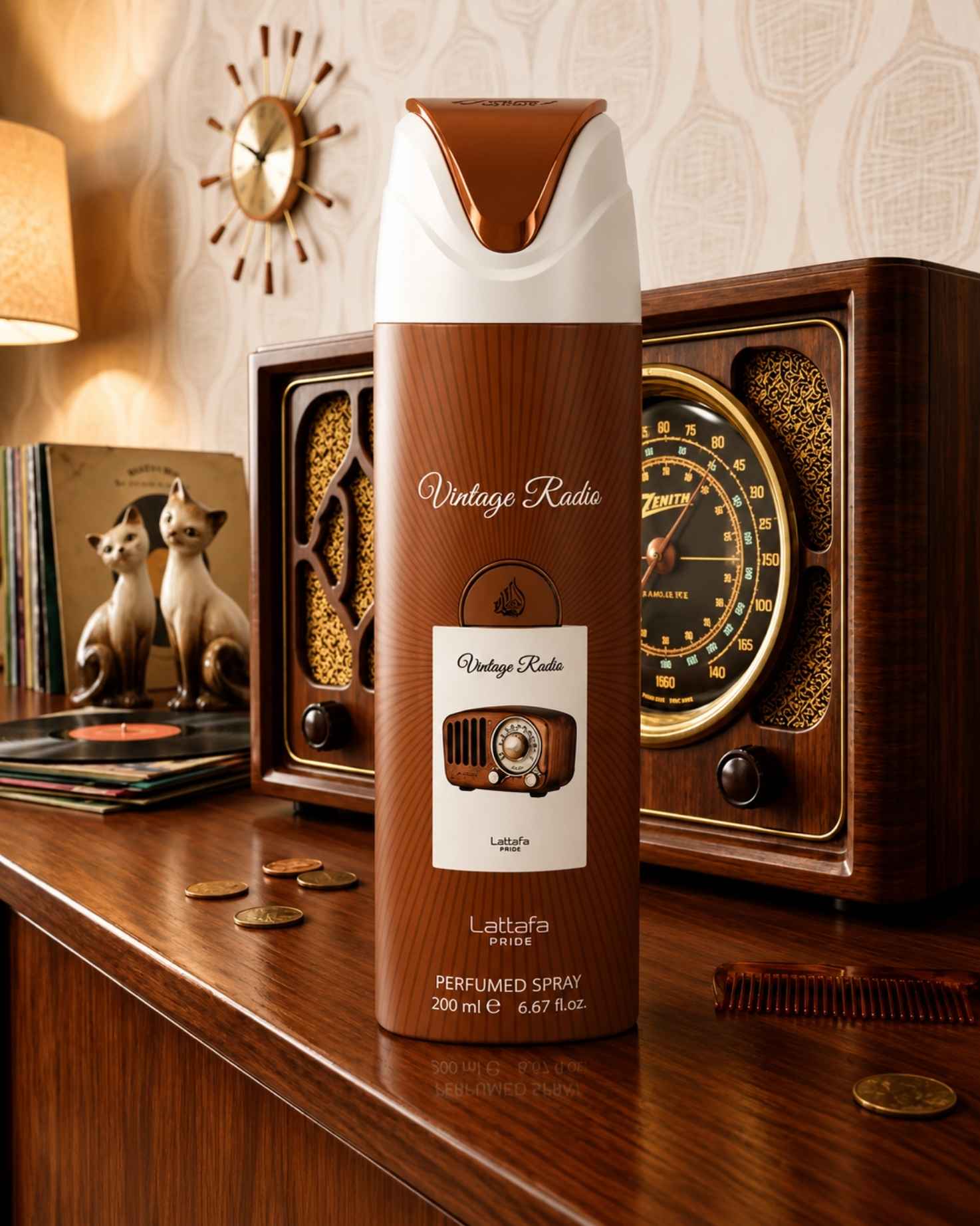 200ml Lattafa Pride Vintage Radio body spray on a wooden tabletop in a retro-themed room setting.