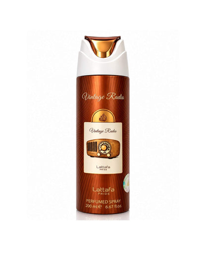 A 200ml can of Lattafa Pride Vintage Radio Perfumed Spray against a white background, featuring a brown and gold metallic design with an illustration of a classic vintage radio on the label.