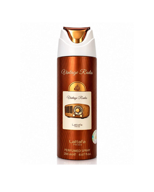 A 200ml can of Lattafa Pride Vintage Radio Perfumed Spray against a white background, featuring a brown and gold metallic design with an illustration of a classic vintage radio on the label.