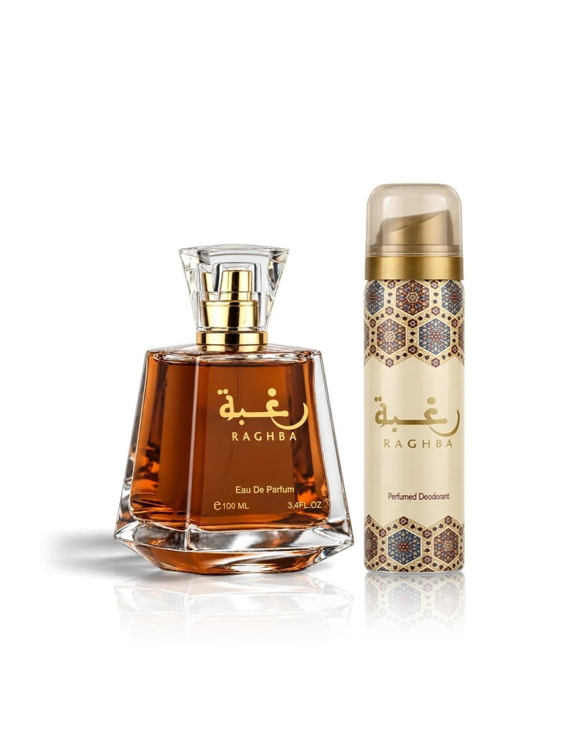 Lattafa Raghba Eau de Parfum trapezoidal glass bottle standing alongside its matching perfumed deodorant spray canister featuring patterned mosaic accents against a plain white background.