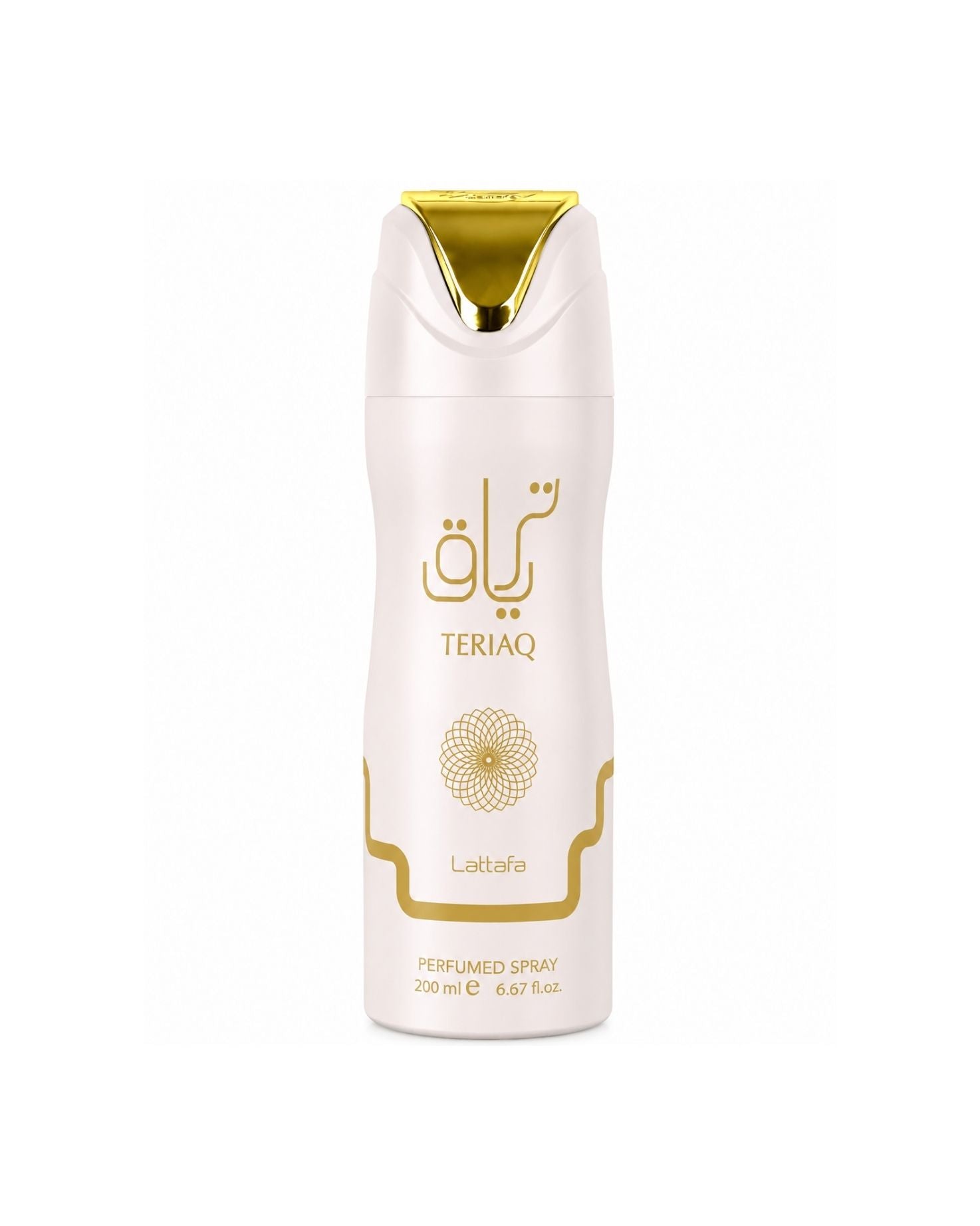 Lattafa Teriaq 200ml perfumed body spray with gold logo and white packaging.