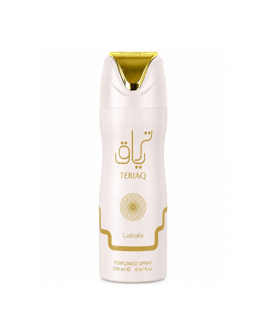 Lattafa Teriaq 200ml perfumed body spray with gold logo and white packaging.