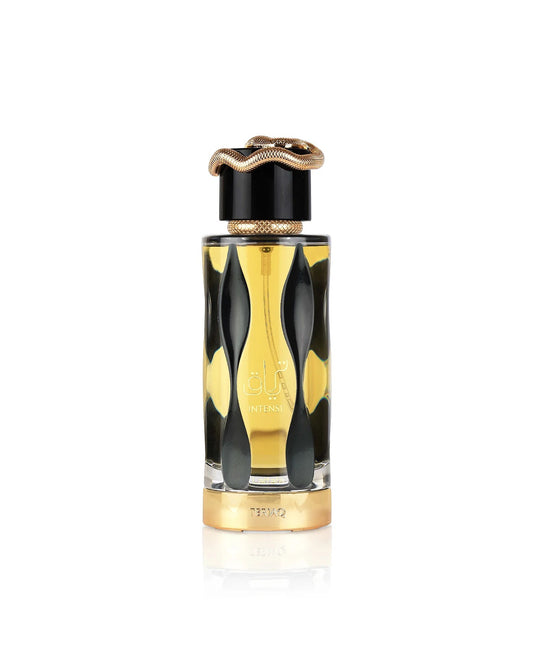 Lattafa Teriq Intense perfume bottle with gold snake cap and elegant black and gold design on white background