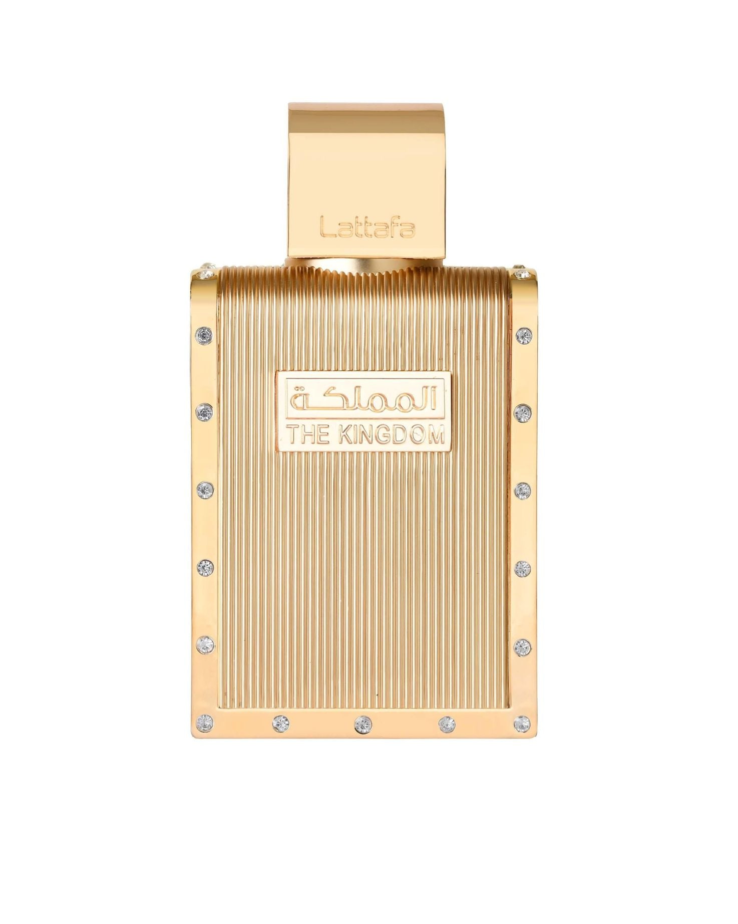 Front view of Lattafa The Kingdom For Men EDP perfume bottle featuring gold metallic design and Arabic calligraphy.