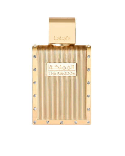 Front view of Lattafa The Kingdom For Men EDP perfume bottle featuring gold metallic design and Arabic calligraphy.