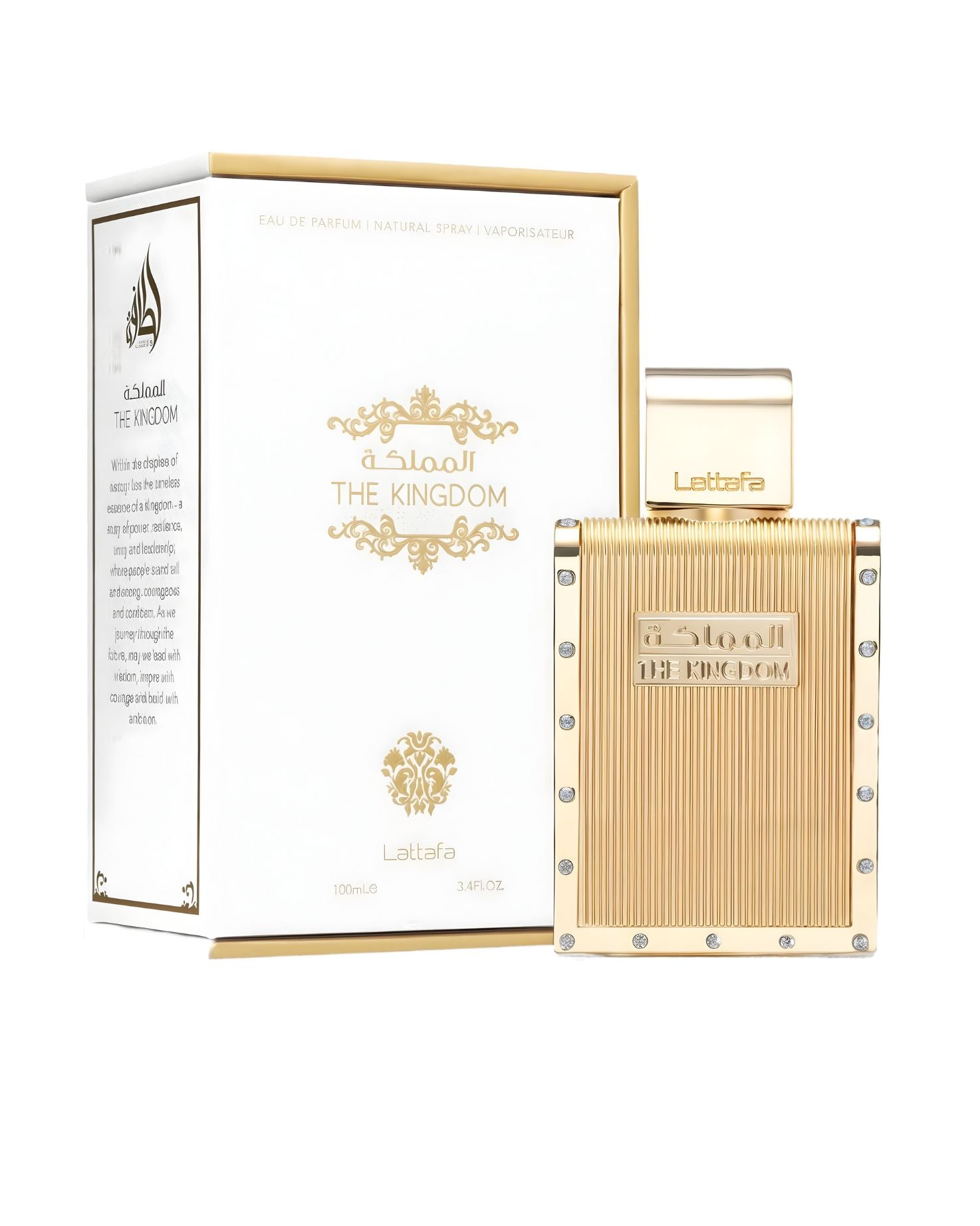 Lattafa The Kingdom for men Edp 100ml bottle standing next to its white and gold original retail packaging.