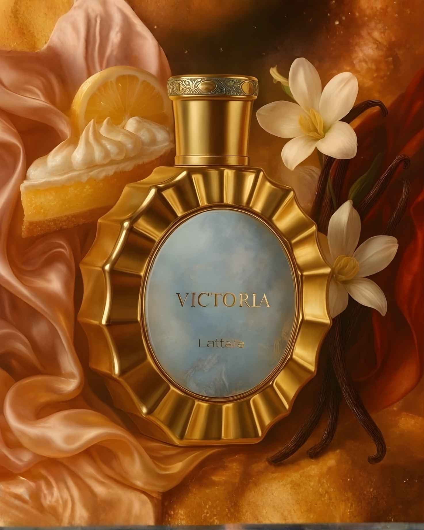 Lattafa Victoria perfume bottle surrounded by aesthetic scent notes including a lemon tart, vanilla beans, and white jasmine flowers on silk fabric.