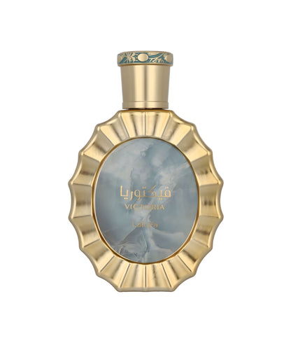 Lattafa Victoria Eau de Parfum in an ornate scalloped gold bottle with a blue marble-textured center and Arabic calligraphy.