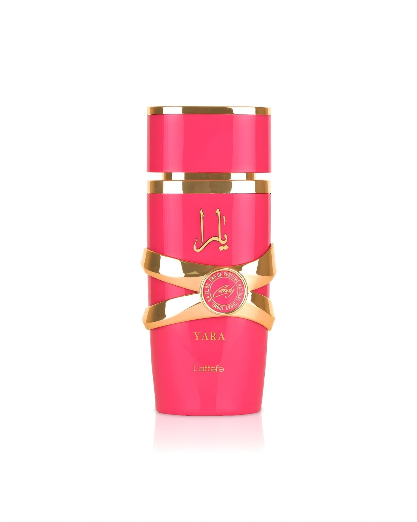 Hot pink and gold bottle of Lattafa Yara Candy Eau de Parfum 100ml for women.