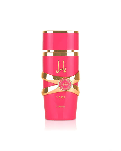 Hot pink and gold bottle of Lattafa Yara Candy Eau de Parfum 100ml for women.