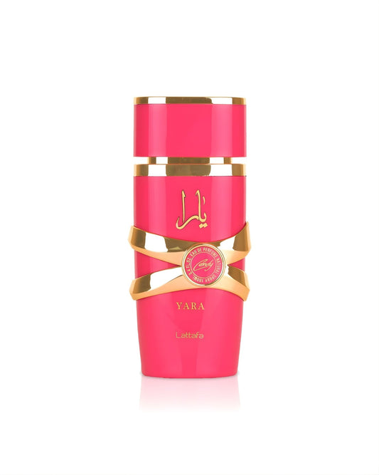 Hot pink and gold bottle of Lattafa Yara Candy Eau de Parfum 100ml for women.