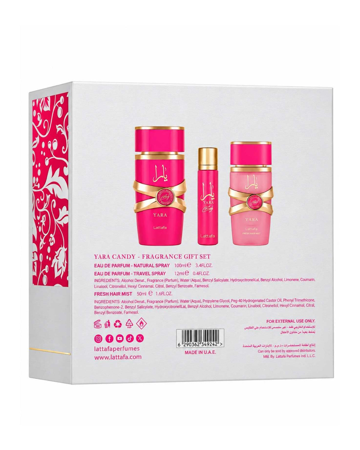 Back side of Lattafa Yara Candy fragrance gift set box showing product items, volume breakdown, full ingredients list, and barcode details.