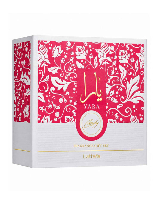 Closed white and pink floral patterned Lattafa Yara Candy fragrance gift set packaging box.