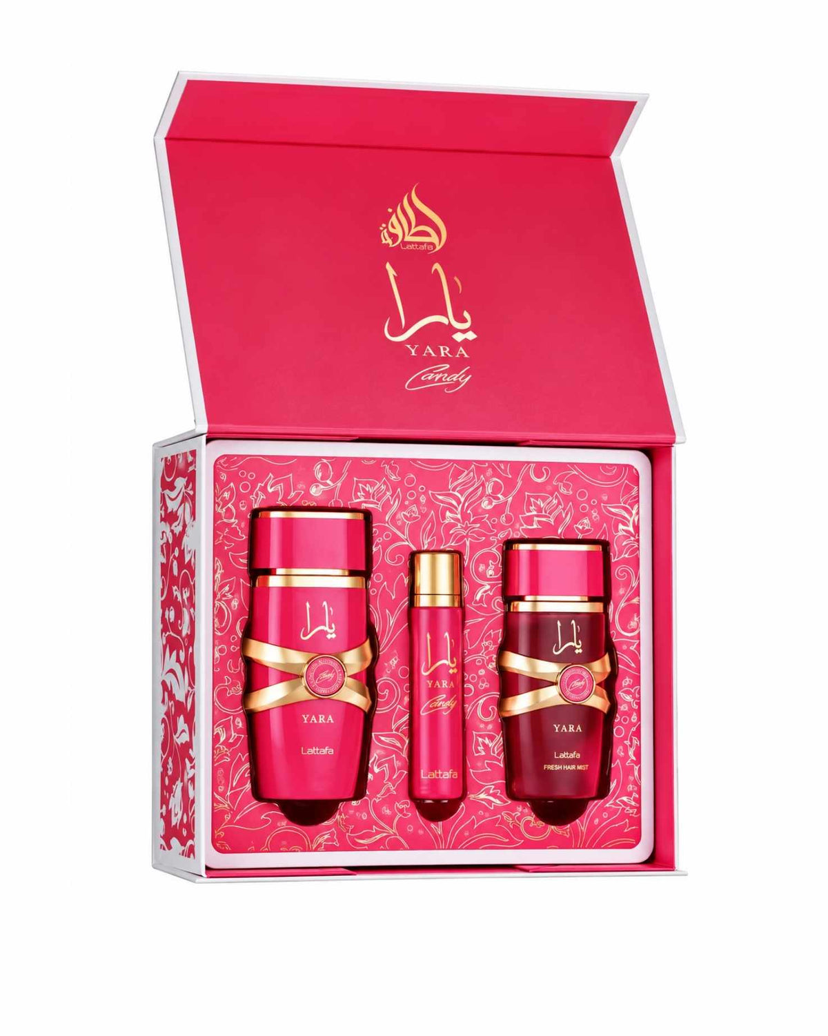 Lattafa Yara Candy perfume gift set in an open bright pink box featuring a full-size eau de parfum bottle, travel spray, and fresh hair mist.