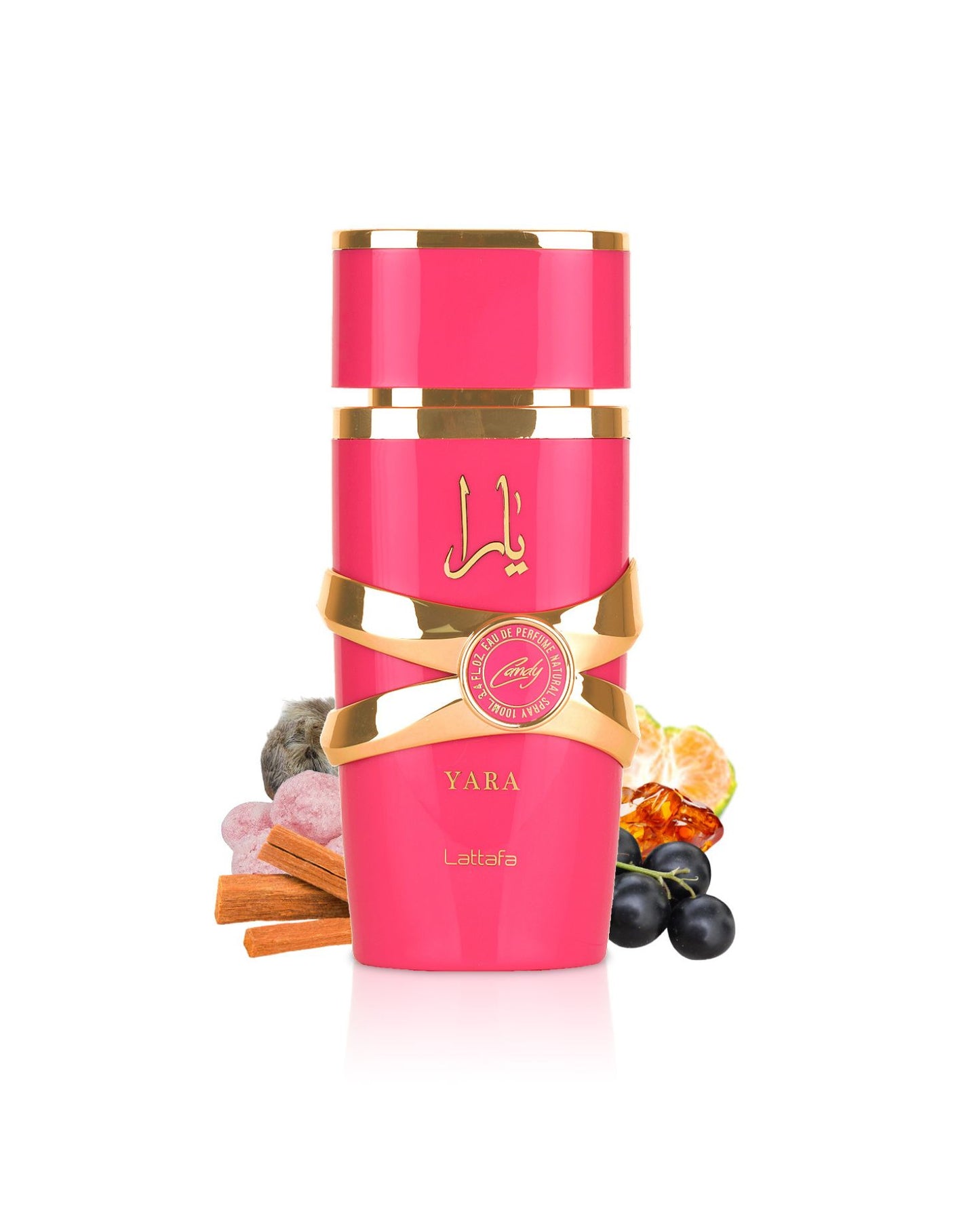 Lattafa Yara Candy Eau de Parfum bottle surrounded by fragrance notes including citrus, dark berries, and sandalwood sticks.