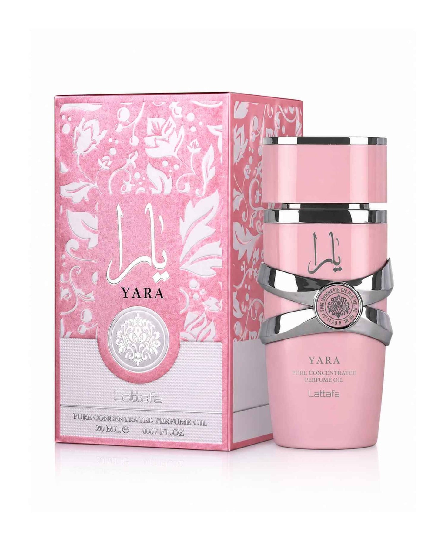 Lattafa Yara Pure Concentrated Perfume Oil 20ml bottle displayed standing next to its pink and white patterned packaging box.