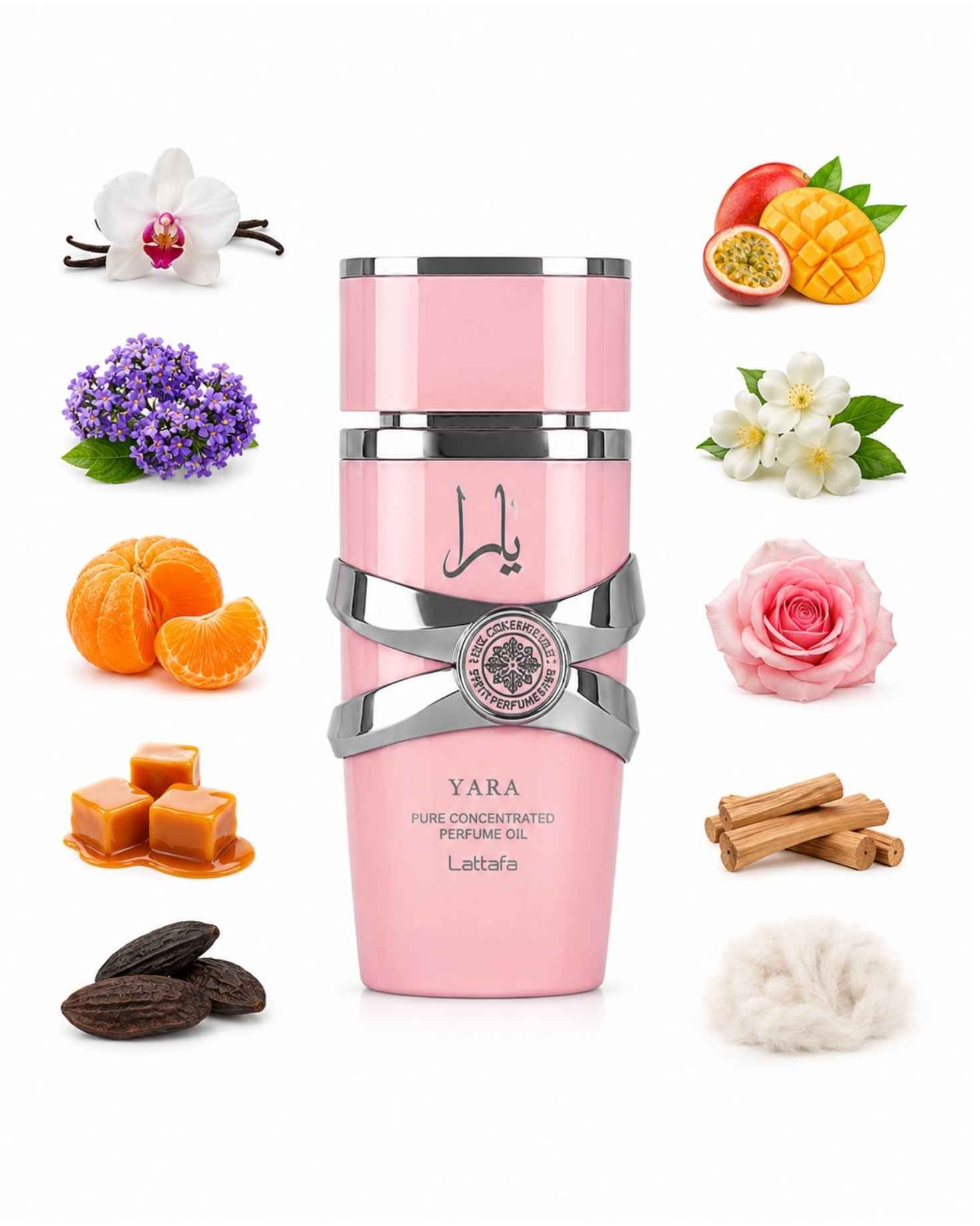 Pink bottle of Lattafa Yara concentrated perfume oil with illustrations of its key scent notes