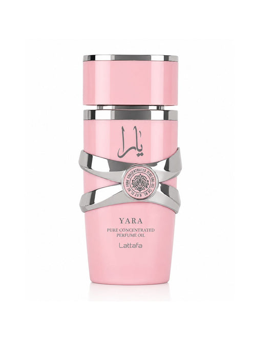 Lattafa Yara Pure Concentrated Perfume Oil in a pink bottle with silver metallic accents.
