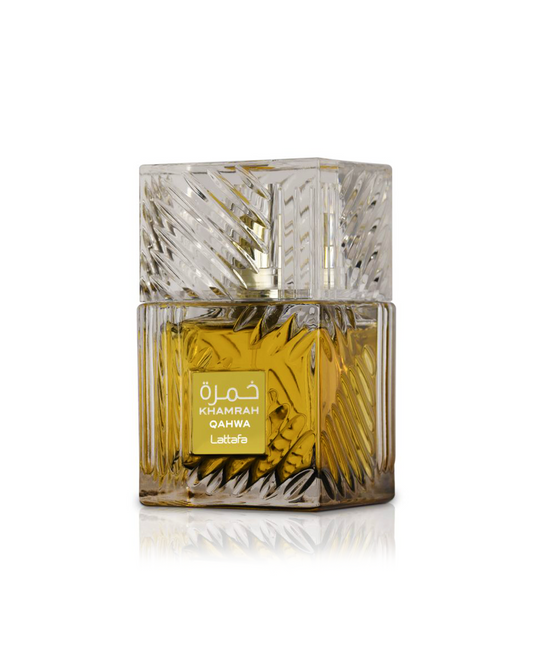 lattafa Khamrah Qahwa perfume bottle against white background