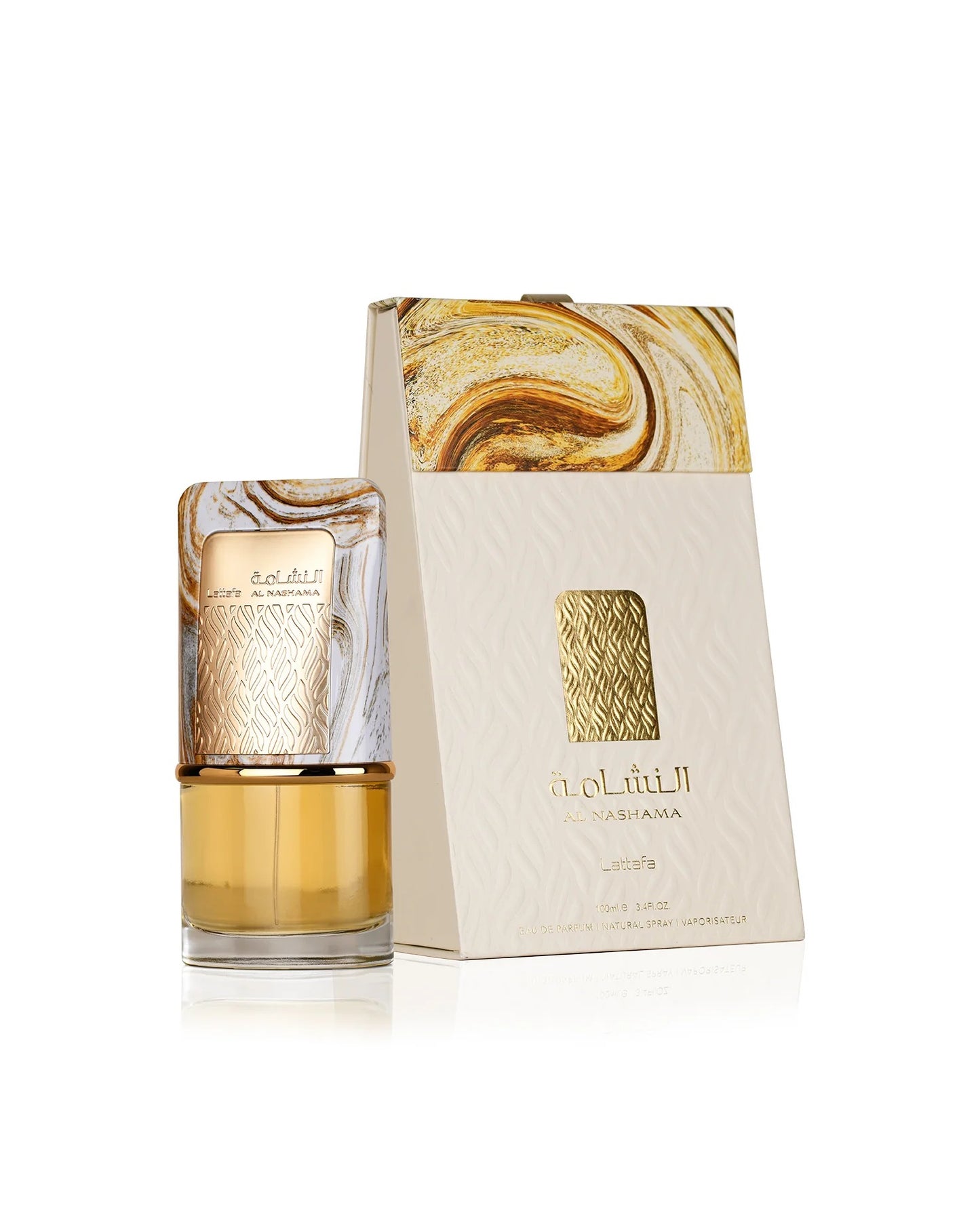 The Lattafa Al Nashama EdP bottle, featuring a gold liquid and a distinctive rectangular cap with a white and gold marble pattern, is displayed next to its matching cream-colored box. The box has a gold-marbled top and a central gold geometric design cutout, and both items feature the fragrance name in Arabic and English.