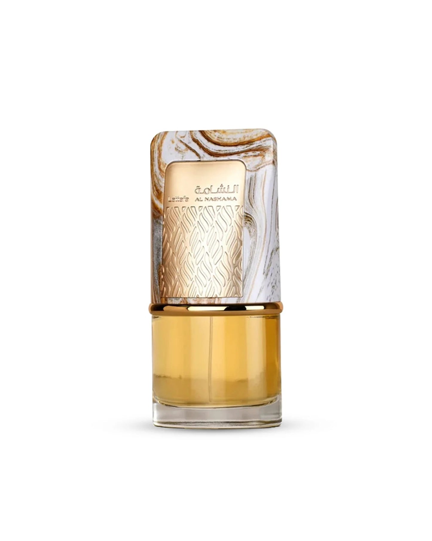 The Lattafa 'Al Nashama' Eau de Parfum bottle, featuring a gold liquid base and a large, decorative cap with a white and gold marbled pattern. The cap also has a prominent central gold panel with an etched, textured design. The bottle is isolated against a white background.