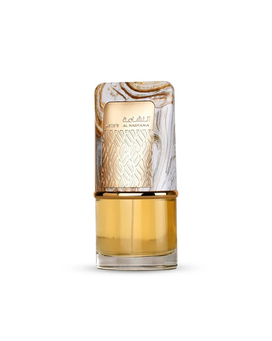 The Lattafa 'Al Nashama' Eau de Parfum bottle, featuring a gold liquid base and a large, decorative cap with a white and gold marbled pattern. The cap also has a prominent central gold panel with an etched, textured design. The bottle is isolated against a white background.