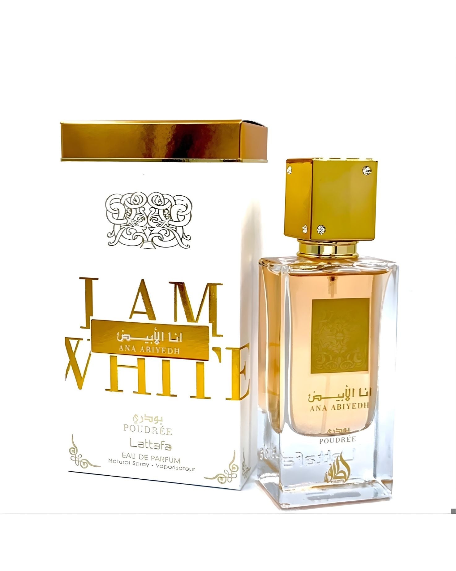 The Lattafa 'Ana Abiyedh Poudree' Eau de Parfum bottle, with its pinkish liquid and shiny gold cap, is displayed next to its white box. The box features large text reading 'I AM WHITE' and highlights the 'Poudree' flanker name in red.