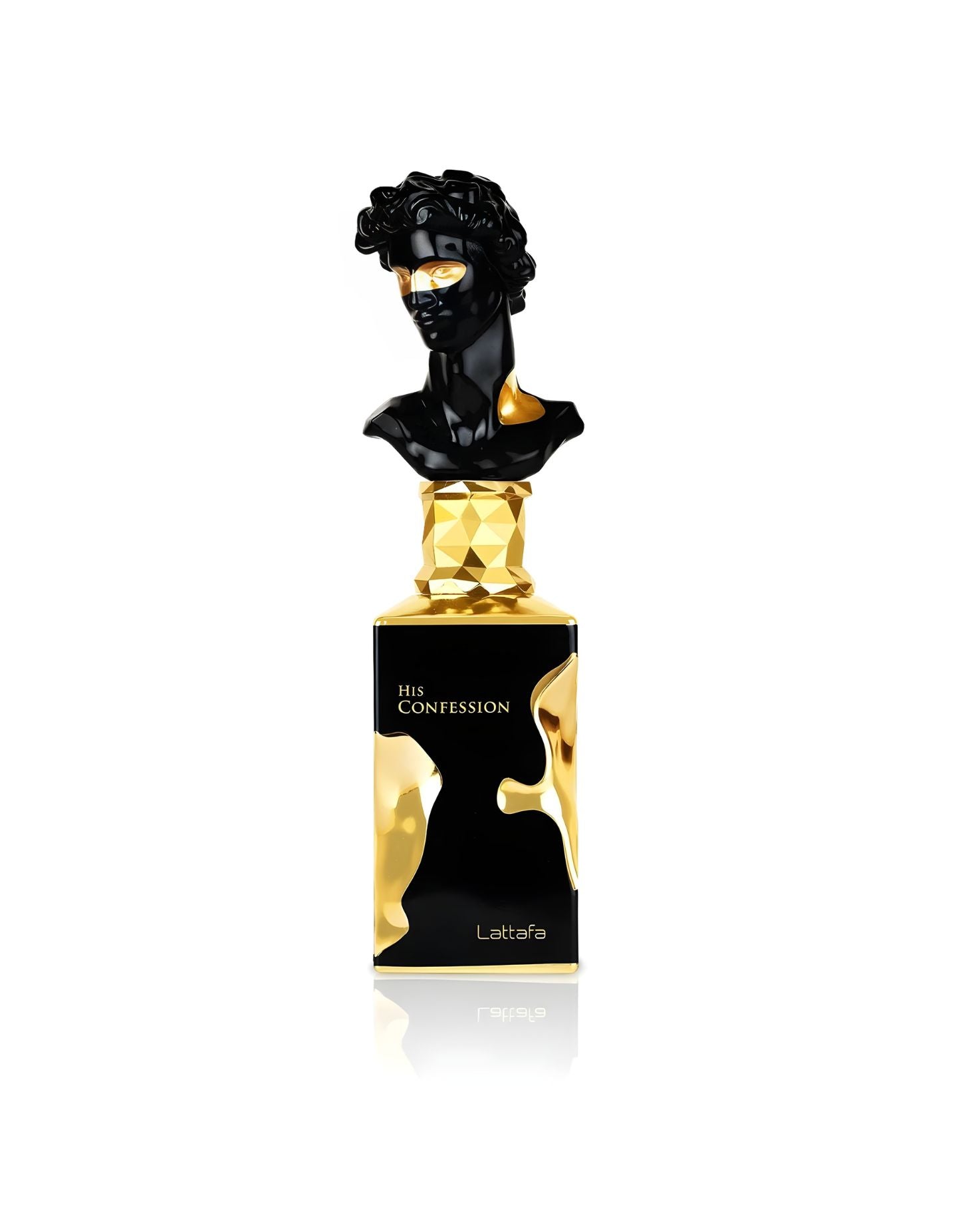Black and gold perfume bottle with a rectangular body. The cap is a black bust, possibly of David, wearing a gold mask. The bottle's body is black with irregular gold plating and the text "His Confession" and "Lattafa" in gold.