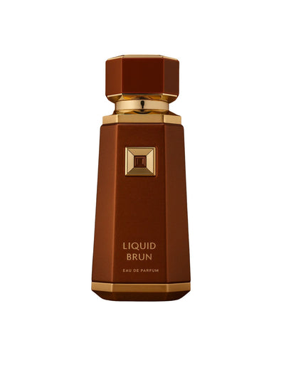 Brown perfume bottle with a golden base, neck, and cap, featuring a square, gold-framed embellishment in the center with the text "LIQUID BRUN EAU DE PARFUM" below it.