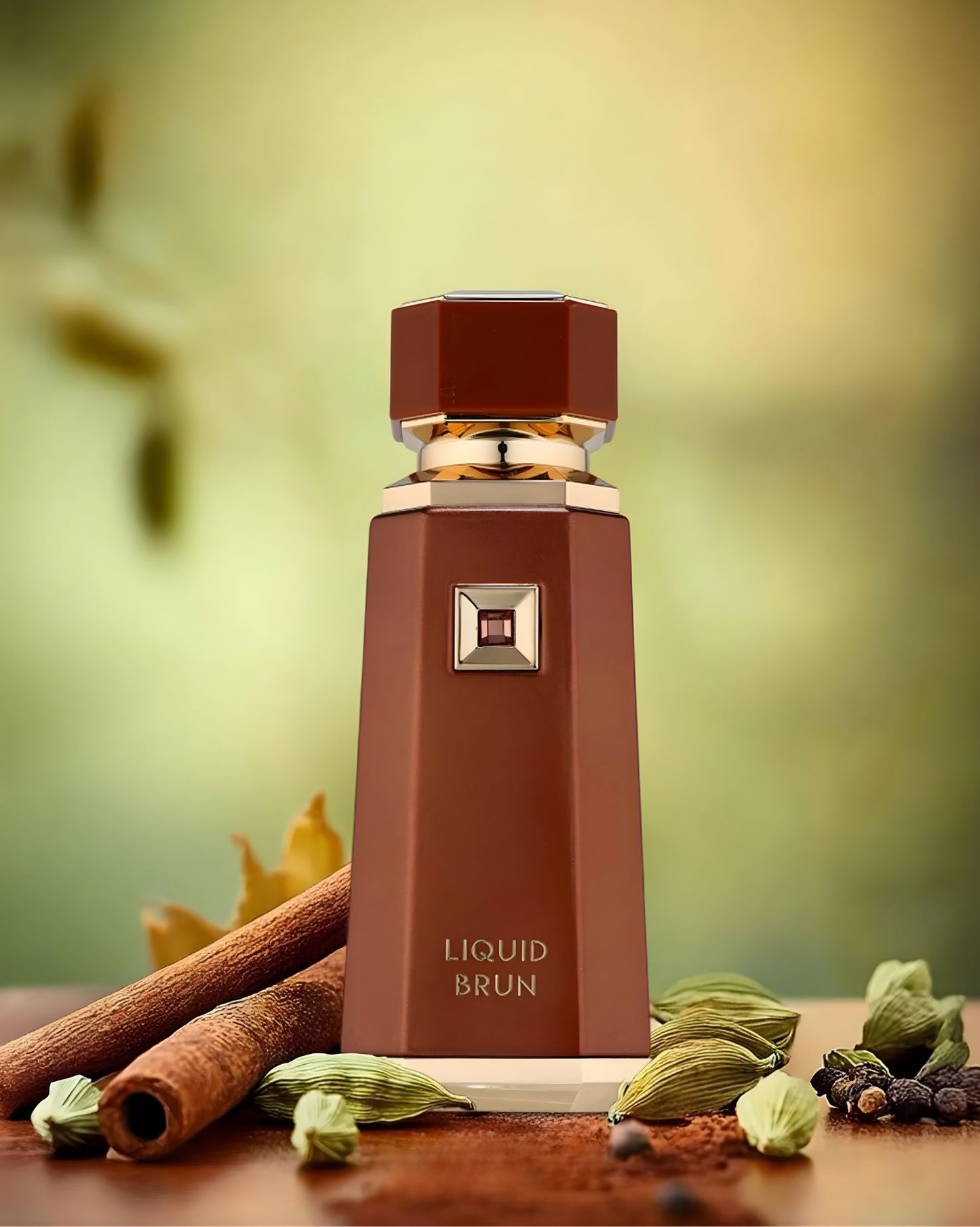 The Liquid Brun perfume bottle, in brown and gold, is presented on a wooden surface surrounded by spices, including cinnamon sticks, green cardamom pods, black peppercorns, and cocoa powder. The background is a soft, blurred green and yellow.