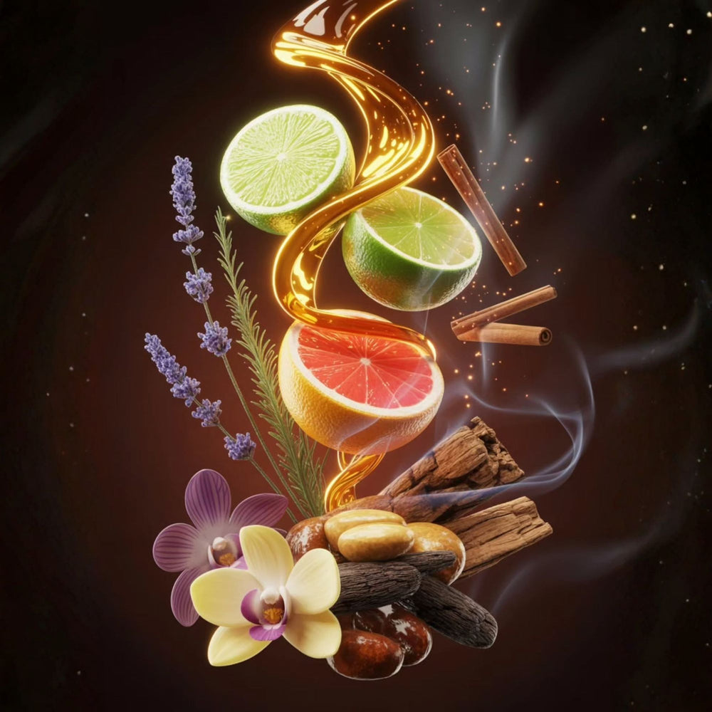 A creative 3D composition of fragrance notes featuring floating lime slices, pink grapefruit, cinnamon sticks, lavender sprigs, vanilla orchids, and sandalwood over a dark background with a golden liquid swirl and smoke.
