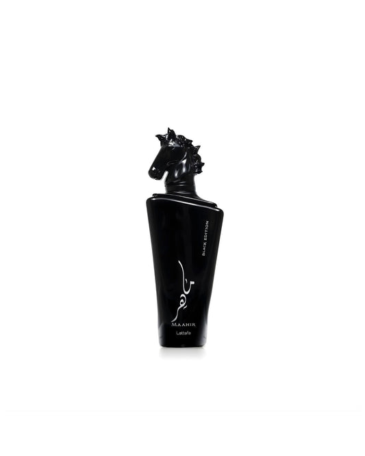 A close-up product shot of the black Lattafa "Maahir Black Edition" perfume bottle, featuring a sculptural, all-black horse's head as the cap, isolated against a white background.