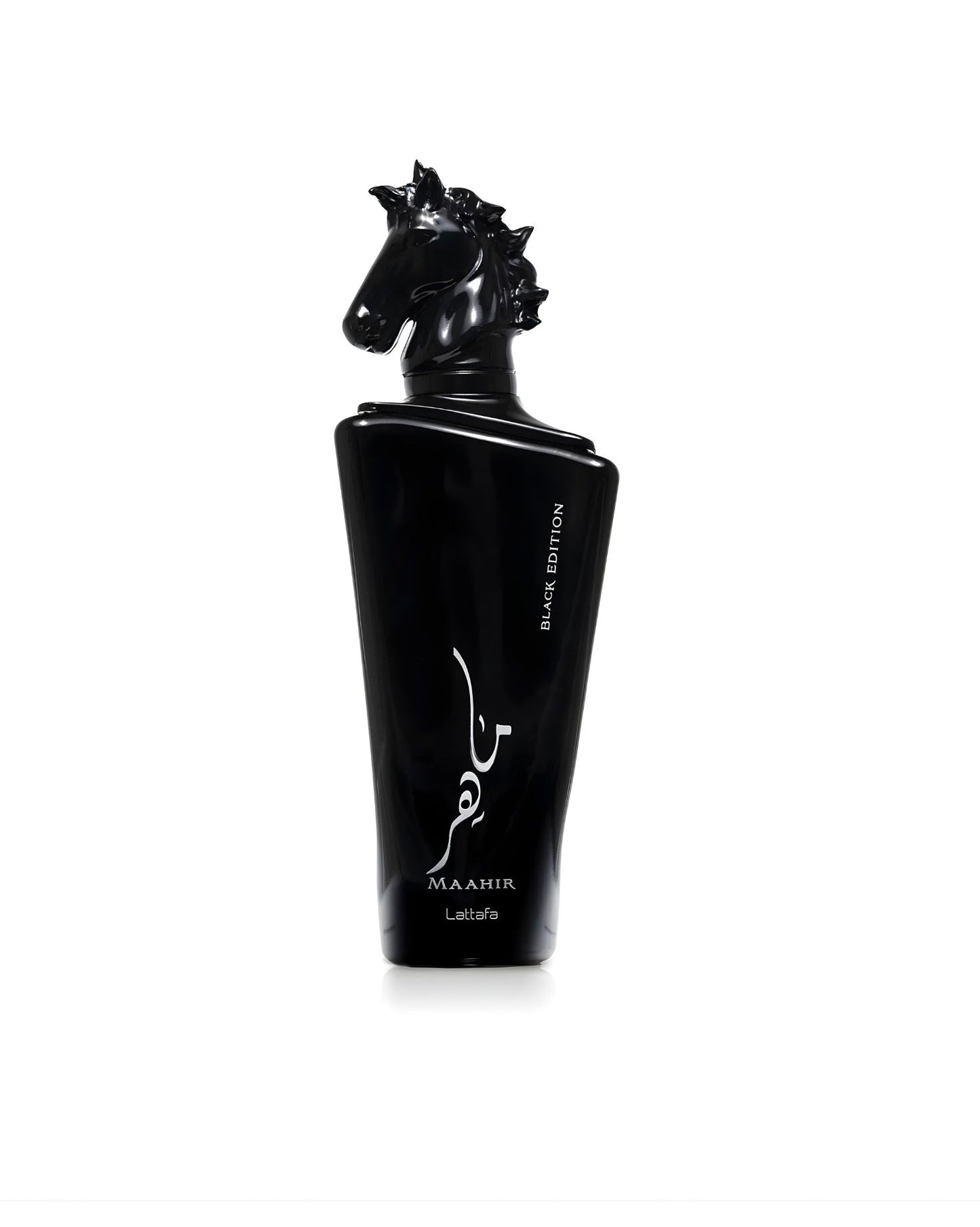 A close-up product shot of the black Lattafa "Maahir Black Edition" perfume bottle, featuring a sculptural, all-black horse's head as the cap, isolated against a white background.
