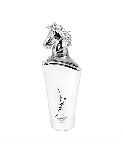A sleek white perfume bottle labeled "Maahir Legacy Lattafa" featuring an elegant silver horse head cap against a white background