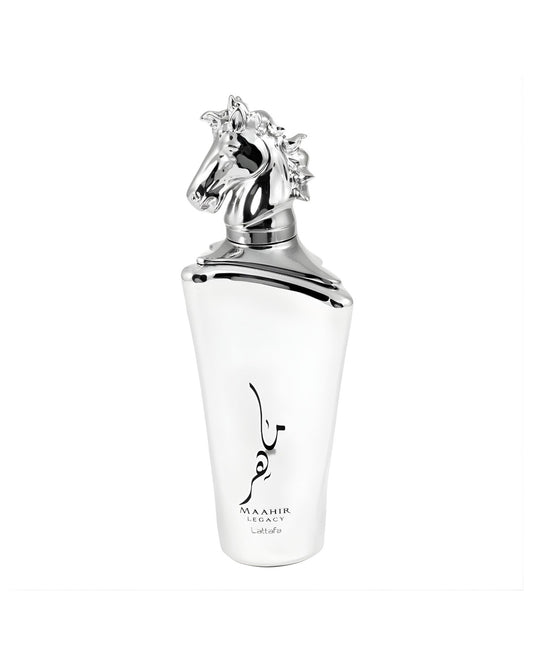 A sleek white perfume bottle labeled "Maahir Legacy Lattafa" featuring an elegant silver horse head cap against a white background