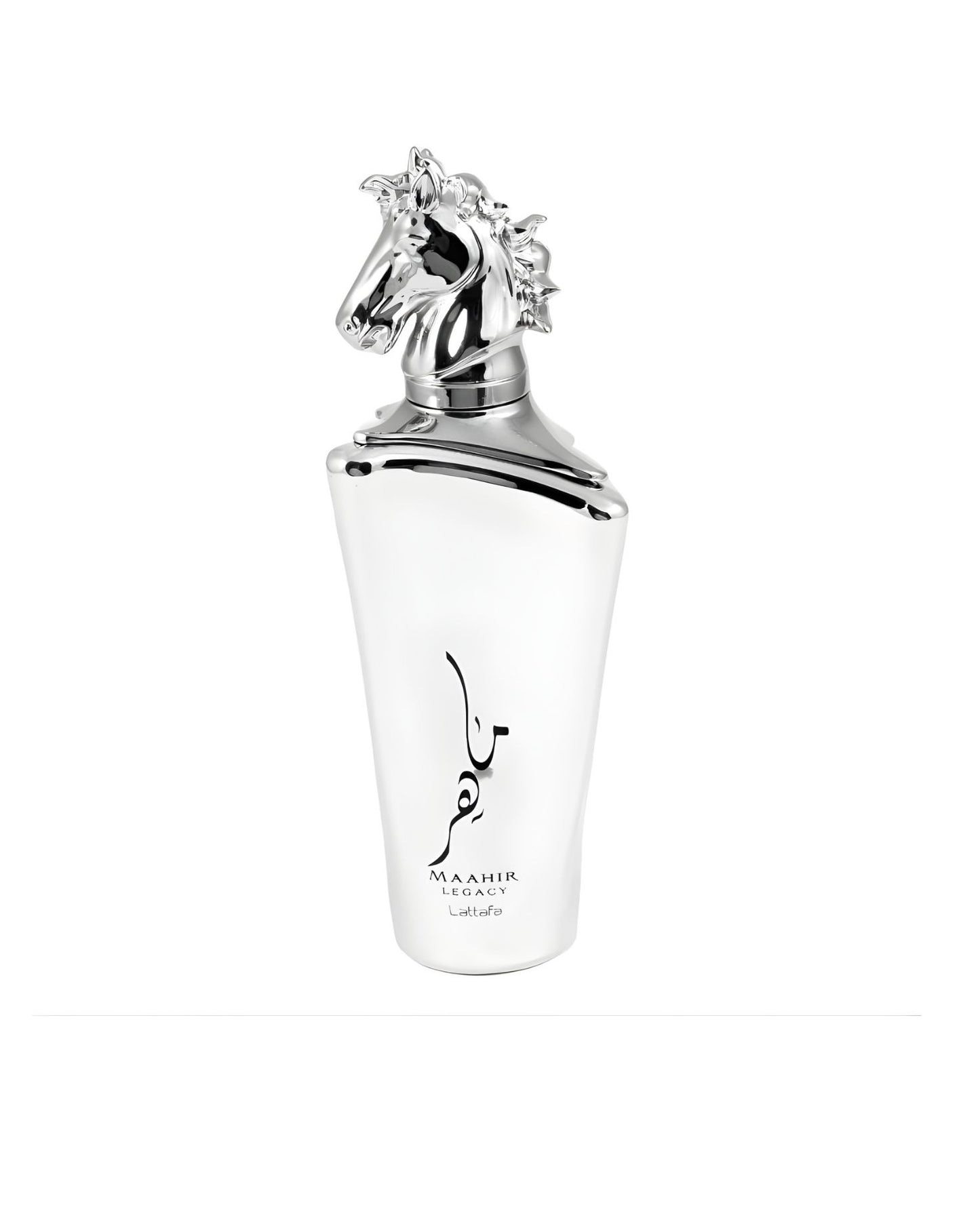 A sleek white perfume bottle labeled "Maahir Legacy Lattafa" featuring an elegant silver horse head cap against a white background