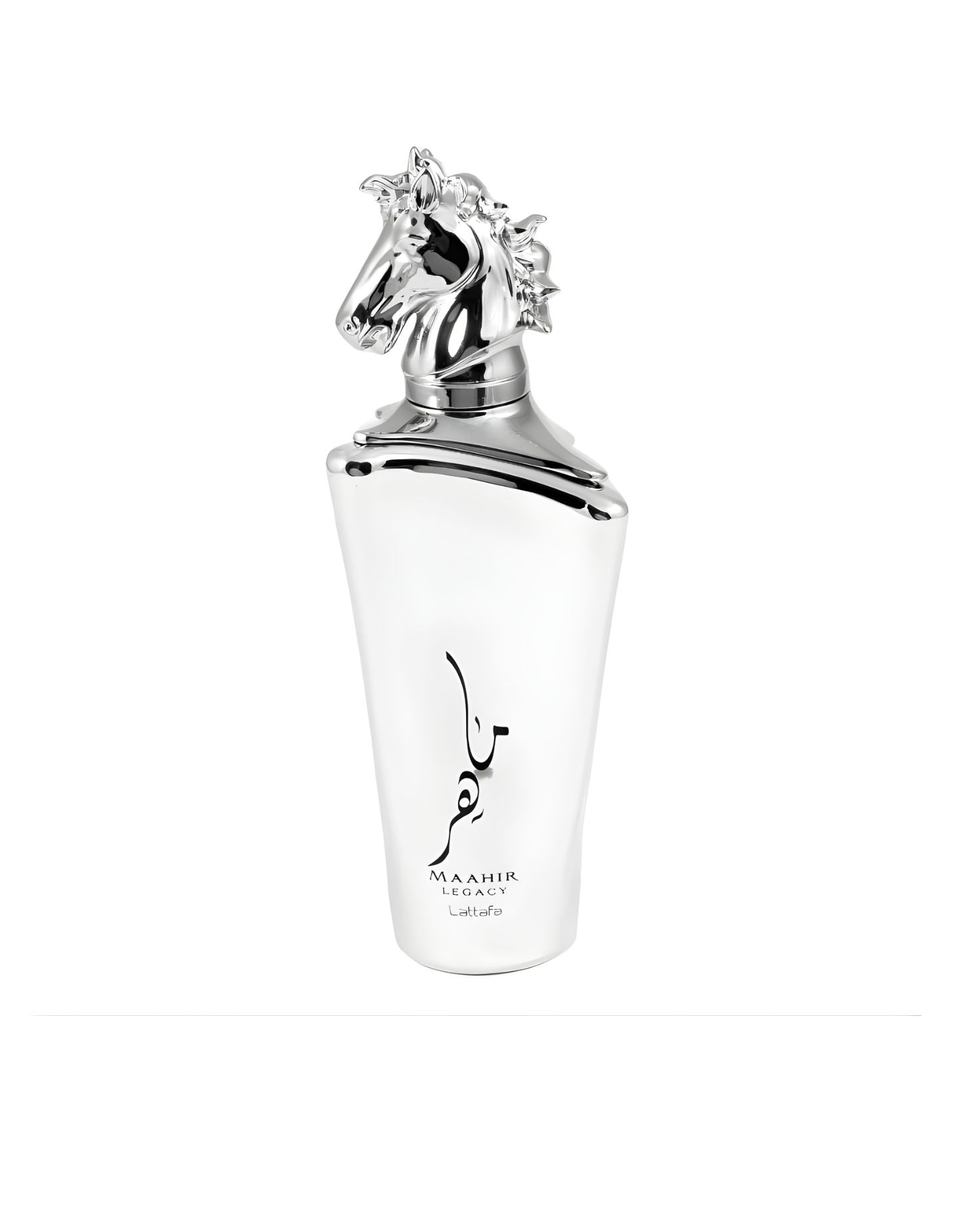 A sleek white perfume bottle labeled "Maahir Legacy Lattafa" featuring an elegant silver horse head cap against a white background
