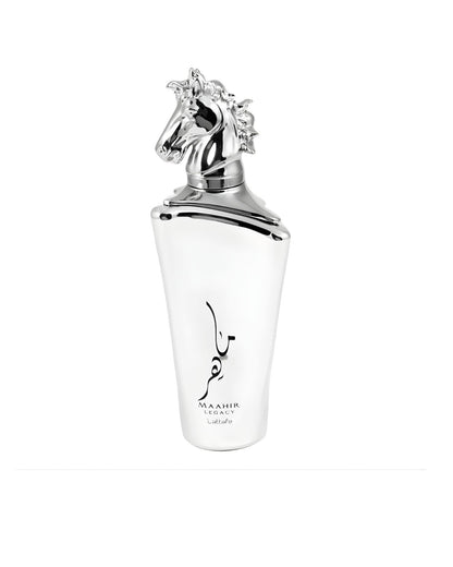 A sleek white perfume bottle labeled "Maahir Legacy Lattafa" featuring an elegant silver horse head cap against a white background