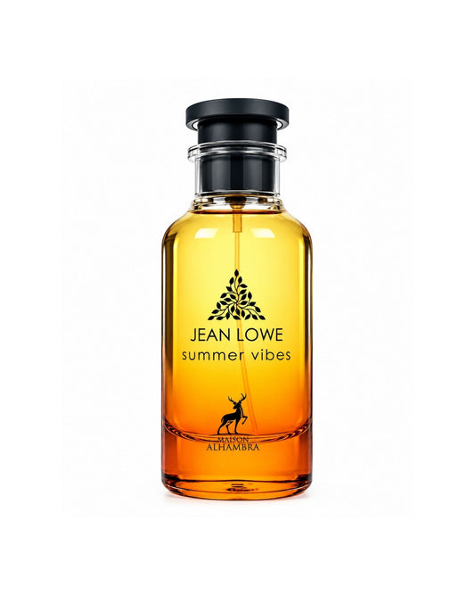 Maison Alhambra Jean Lowe Summer Vibes Eau de Parfum clear glass bottle filled with golden amber liquid against a plain white background.