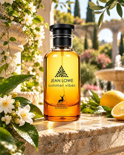 Maison Alhambra Jean Lowe Summer Vibes Eau de Parfum bottle displayed on a sunny Mediterranean terrace with stone aqueduct arches, lemons, and white flowers in the background.