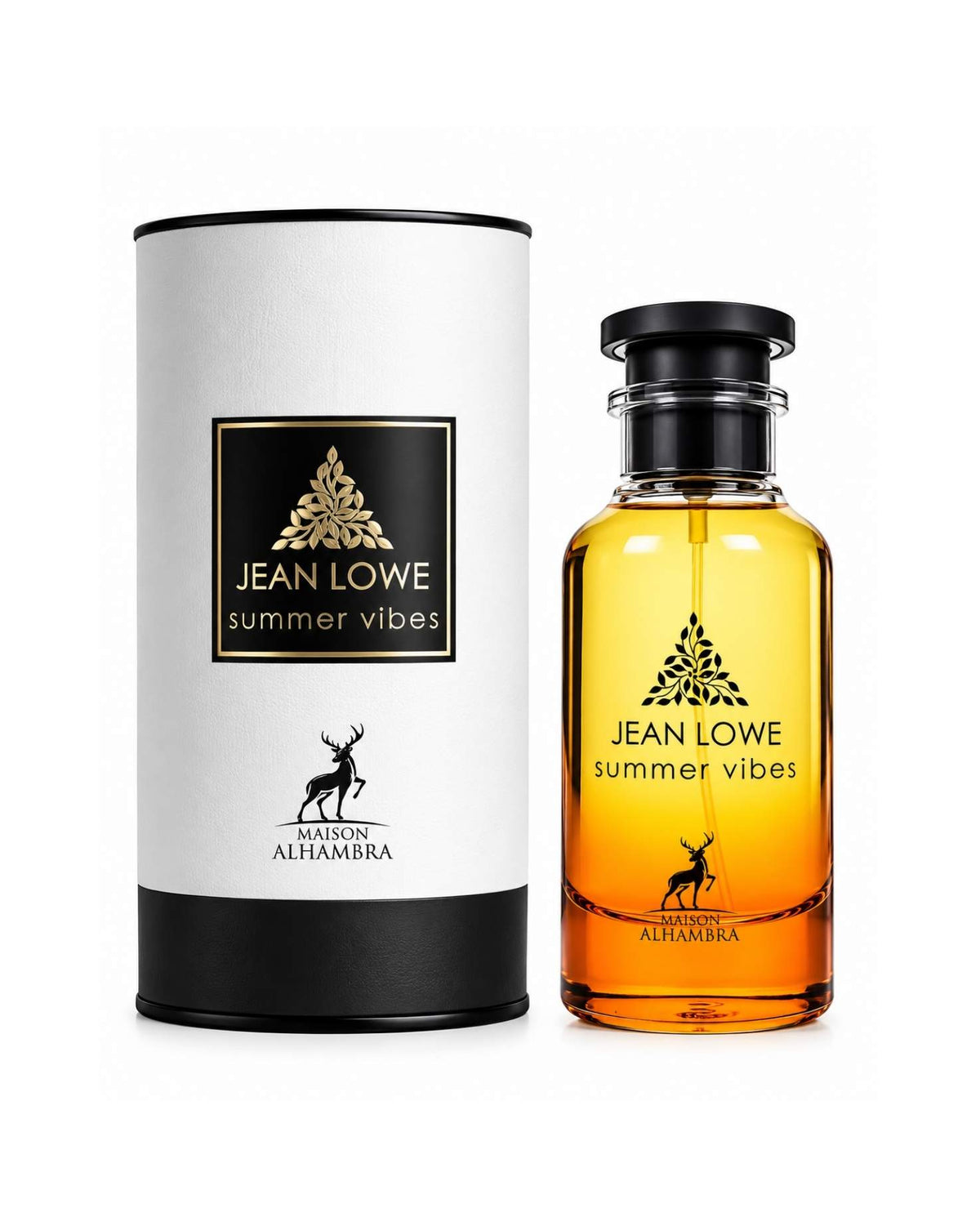 Maison Alhambra Jean Lowe Summer Vibes Eau de Parfum bottle with golden amber liquid alongside its cylindrical white and black container box against a plain white background.