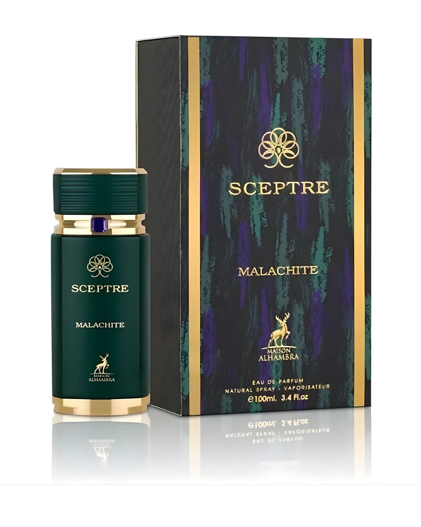 Maison Alhambra Scepter Malachite Eau De Parfum 100ml bottle and decorative packaging box featuring a dark green design with gold accents and purple details.