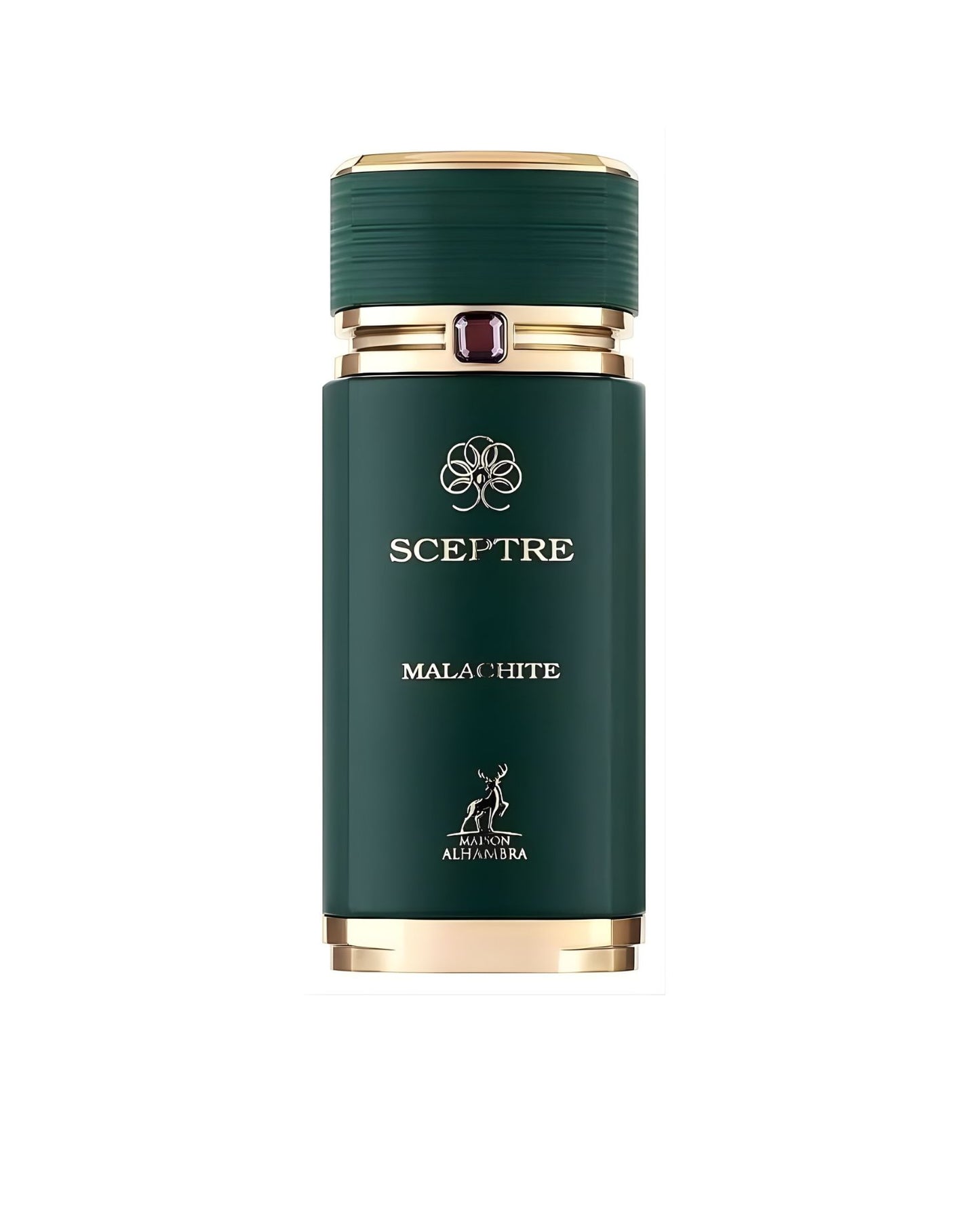 Maison Alhambra Scepter Malachite Eau De Parfum bottle in dark green with gold accents and a textured cap.
