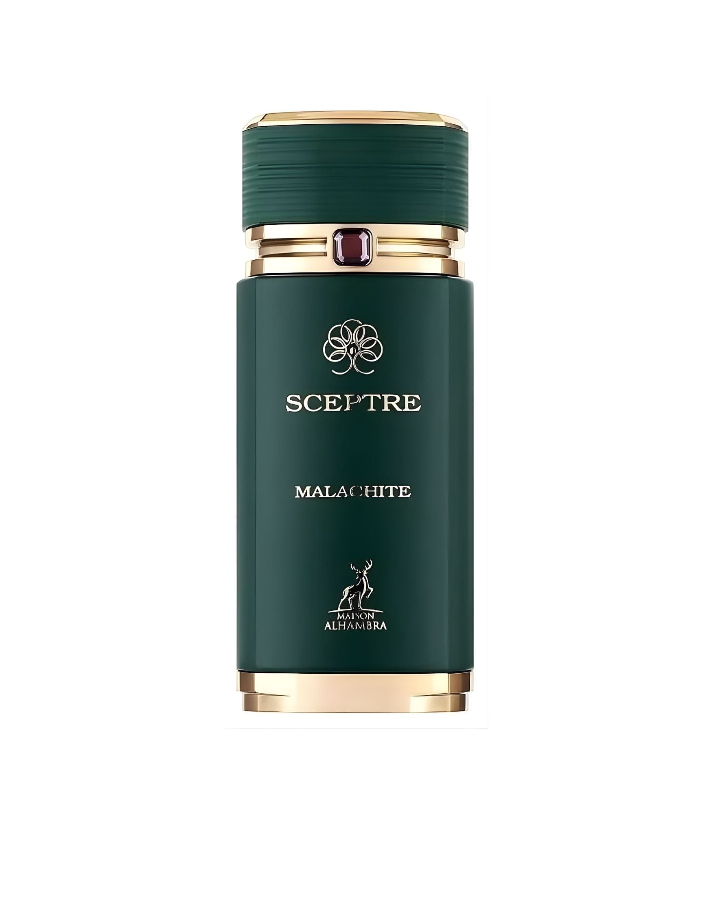 Maison Alhambra Scepter Malachite Eau De Parfum bottle in dark green with gold accents and a textured cap.