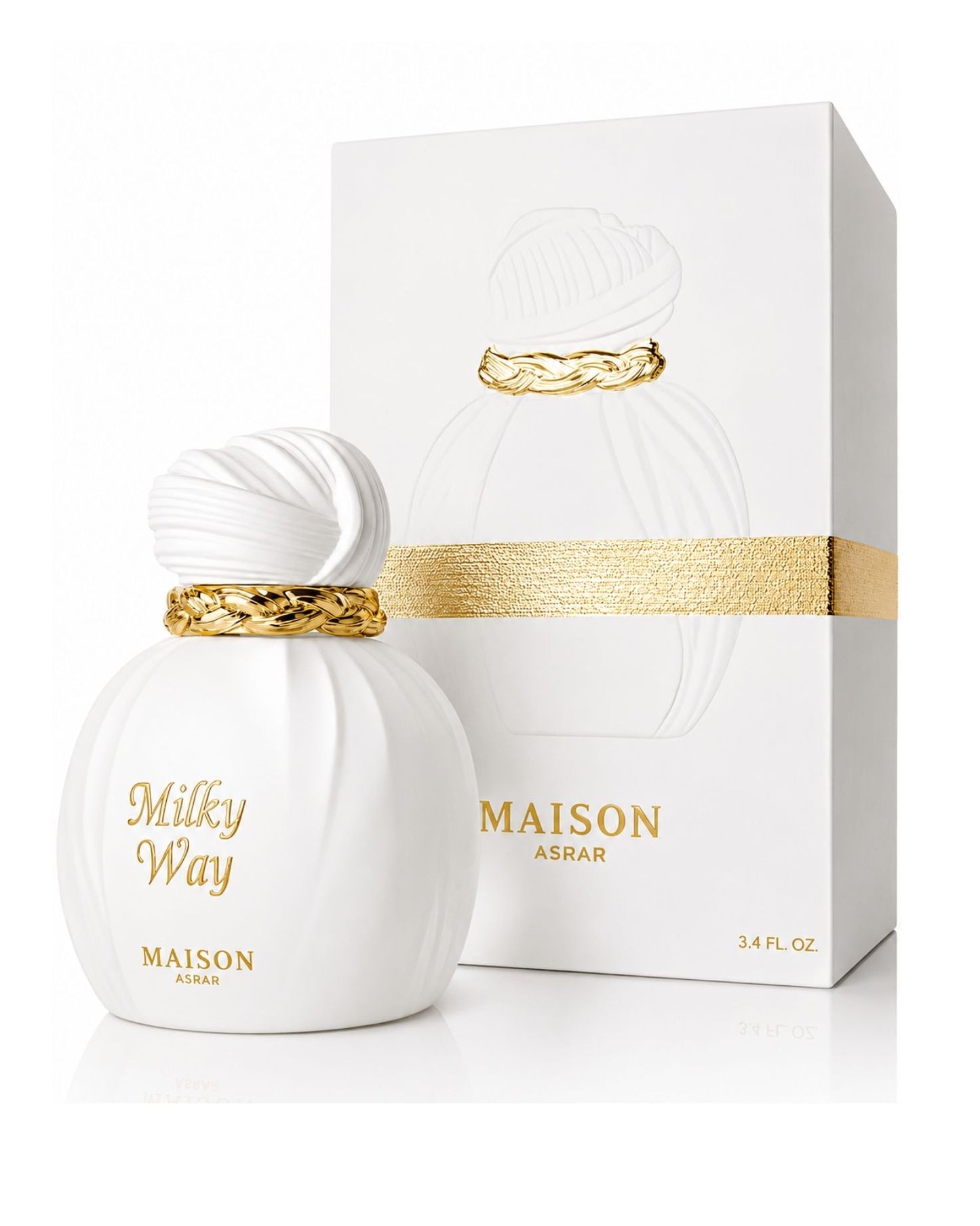 Maison Asrar Milky Way Eau de perfume bottle standing next to its white and gold packaging box.
