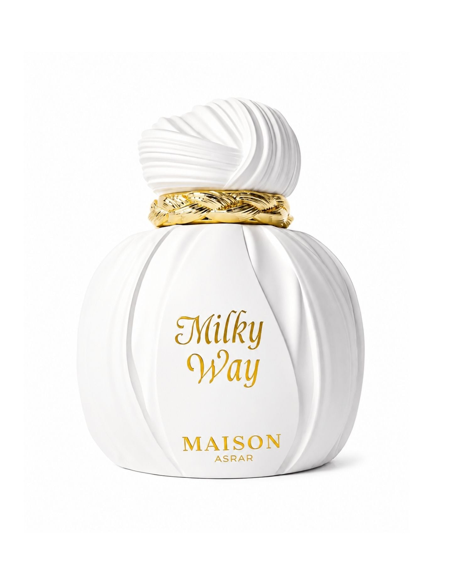Maison Asrar Milky Way Eau de perfume bottle with white textured design and gold details.