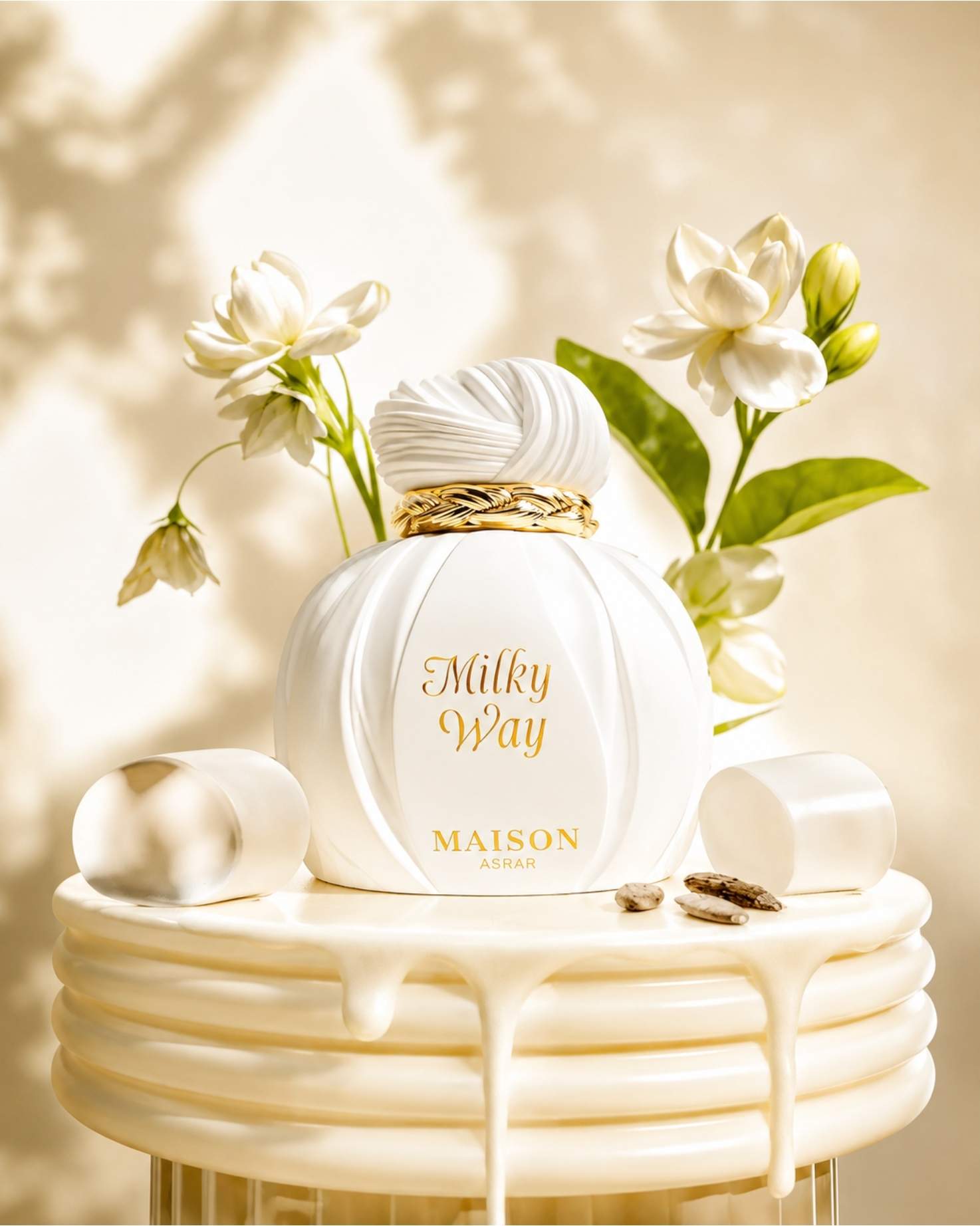 Maison Asrar Milky Way Eau de perfume bottle styled with white flowers, marshmallows, and creamy accents.